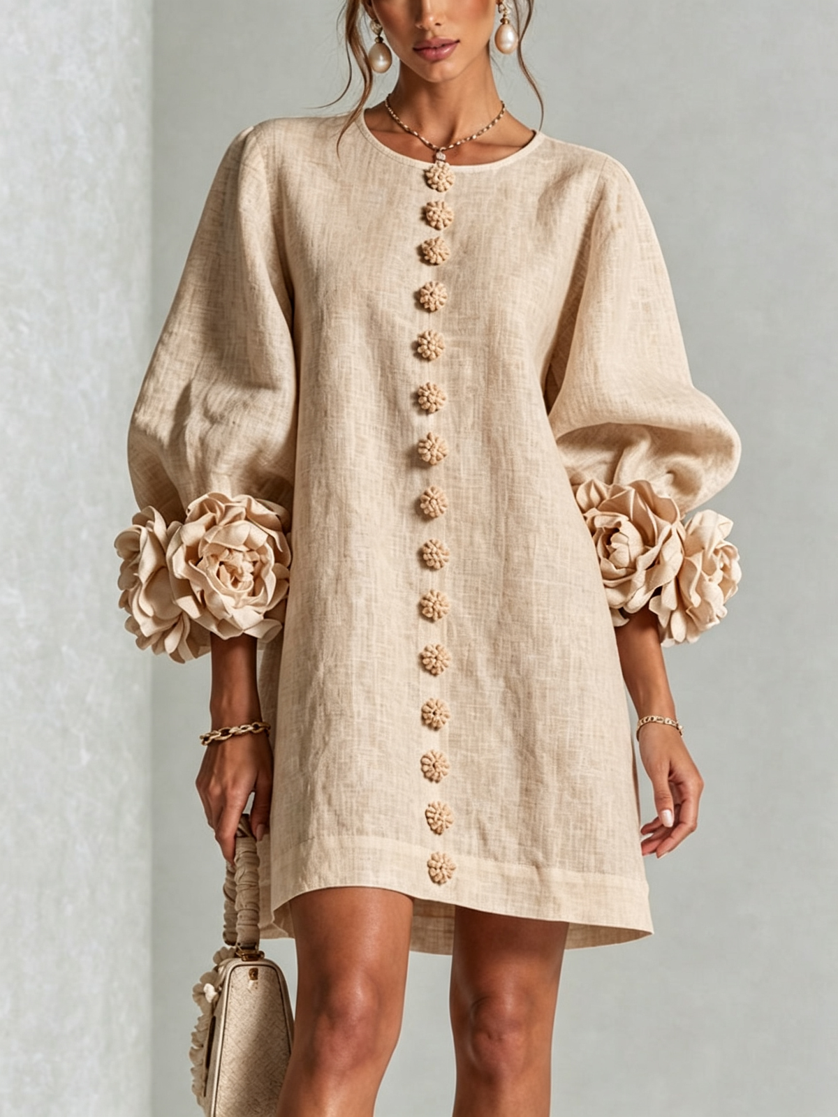 Margot floral button-down mini dress in beige – front