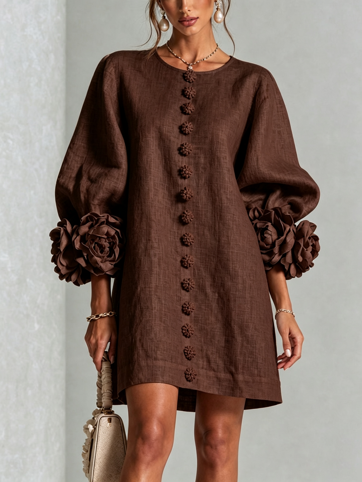 Margot floral button-down mini dress in brown – front