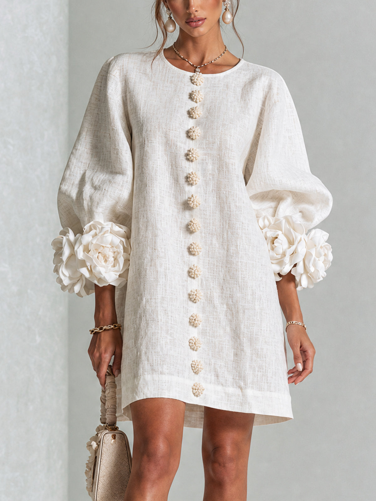 Margot floral button-down mini dress in white – front