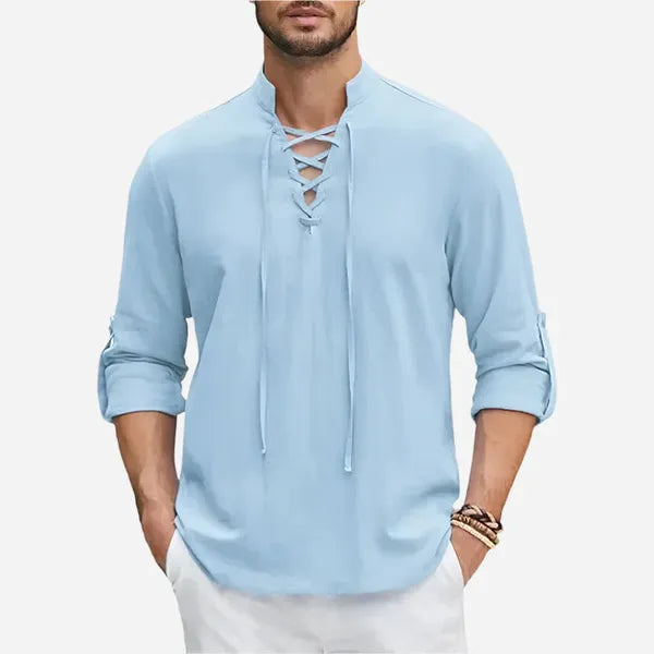 Men's Lace-Up Long Sleeve Shirt – Matyas - Light Blue