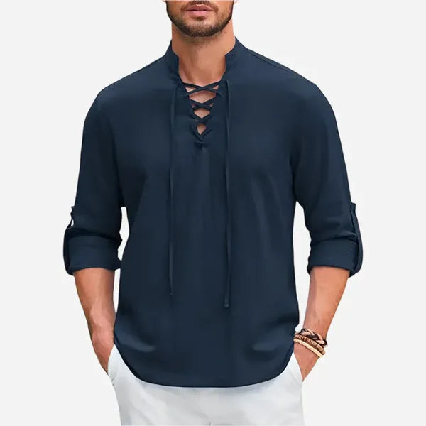 Men's Lace-Up Long Sleeve Shirt – Matyas - Navy Blue