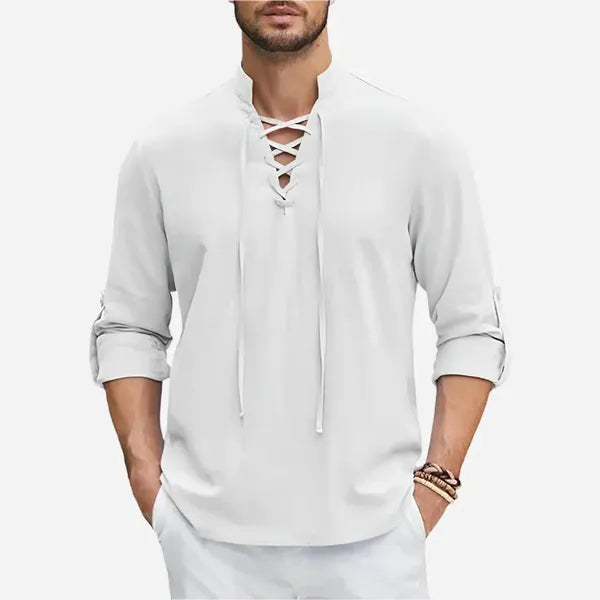 Men's Lace-Up Long Sleeve Shirt – Matyas - White