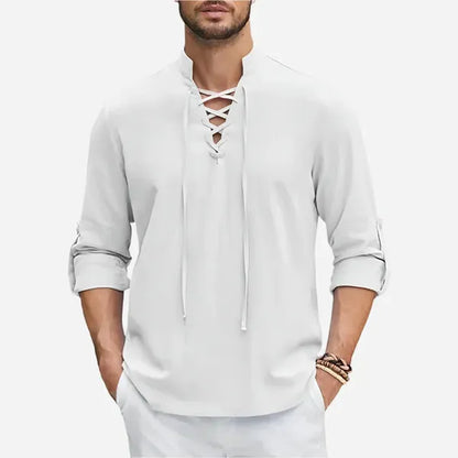 Men's Lace-Up Long Sleeve Shirt – Matyas - White