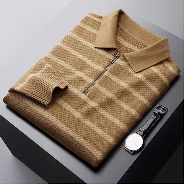 Men's Zip Long Sleeve Polo Shirt – Miles - Khaki