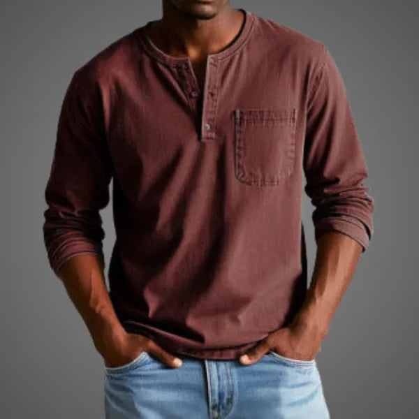 Men's Long Sleeve Henley Shirt – Nataniel - Dark Brown