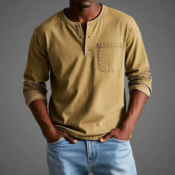 Men's Long Sleeve Henley Shirt – Nataniel - Khaki