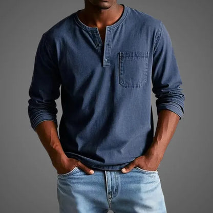 Men's Long Sleeve Henley Shirt – Nataniel - Navy Blue