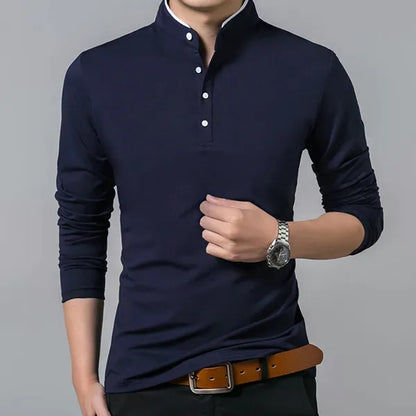 Men's Henley Long Sleeve Polo Shirt – Nigel - Navy Blue