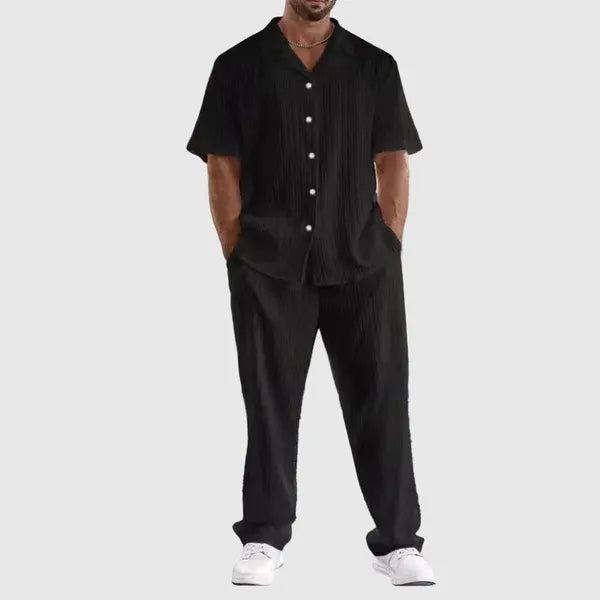 Men's Pleated Short Sleeve Button-Up Set – Olaf - Black
