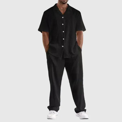 Men's Pleated Short Sleeve Button-Up Set – Olaf - Black
