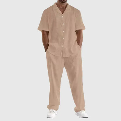 Men's Pleated Short Sleeve Button-Up Set – Olaf - Khaki