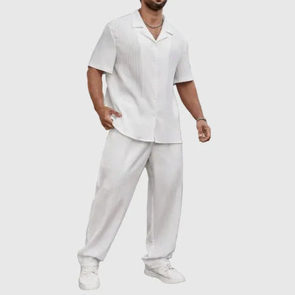 Men's Pleated Short Sleeve Button-Up Set – Olaf - White 2