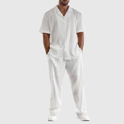 Men's Pleated Short Sleeve Button-Up Set – Olaf - White 3