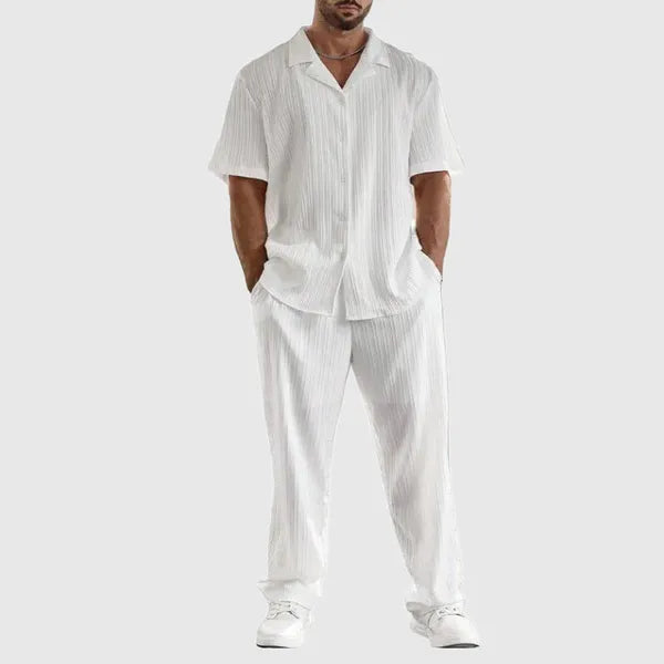 Men's Pleated Short Sleeve Button-Up Set – Olaf - White