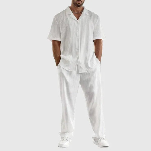Men's Pleated Short Sleeve Button-Up Set – Olaf - White