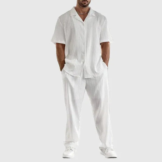 Men's Pleated Short Sleeve Button-Up Set – Olaf - White