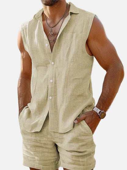 Men's Linen Sleeveless Button-Down Set – Oliver - Beige