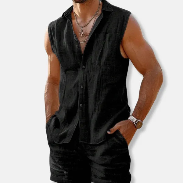 Men's Linen Sleeveless Button-Down Set – Oliver - Black
