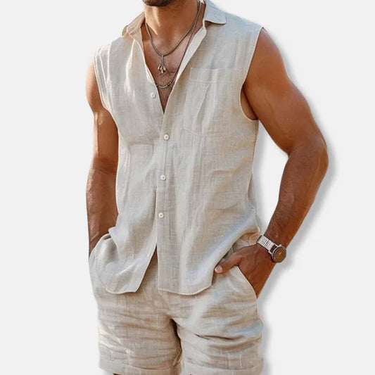 Men's Linen Sleeveless Button-Down Set – Oliver - Off Whte