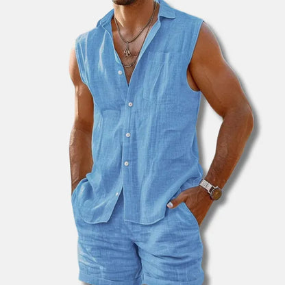 Men's Linen Sleeveless Button-Down Set – Oliver - Sky Blue