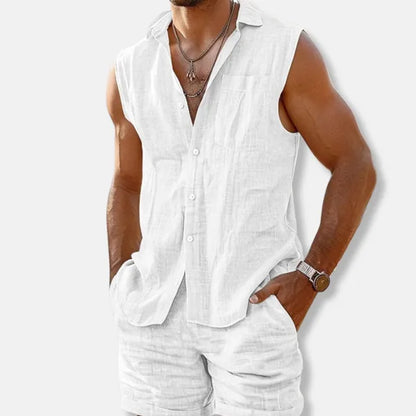 Men's Linen Sleeveless Button-Down Set – Oliver - White