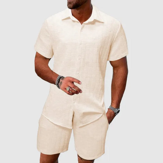 Men's Jacquard Short Sleeve Two-Piece Set – Otto - Beige