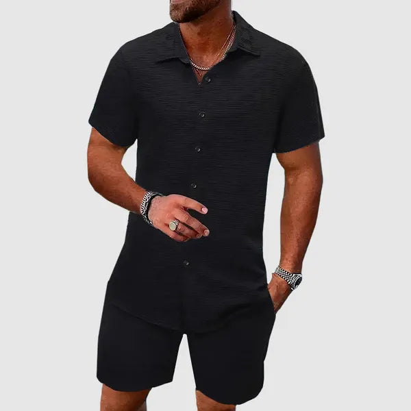 Men's Jacquard Short Sleeve Two-Piece Set – Otto - Black