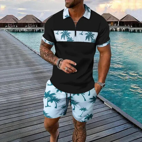 Men's Palm Print Short Sleeve Set – Pascal - Light Blue
