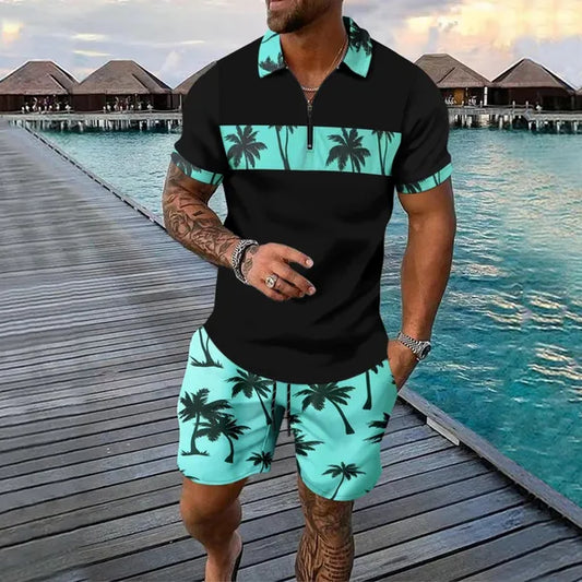 Men's Palm Print Short Sleeve Set – Pascal - Verde-Azulado