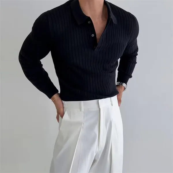 Men's Knit Long Sleeve Polo Shirt – Philip - Black