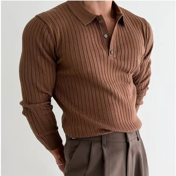 Men's Knit Long Sleeve Polo Shirt – Philip - Brown