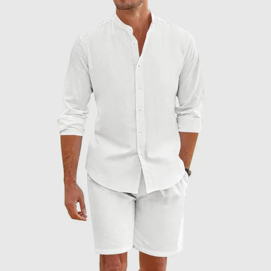 Men's Linen Long Sleeve Shirt Set – Rafael - White