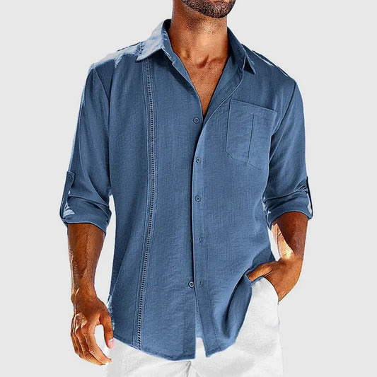 Men's Linen Long Sleeve Overshirt – Raivo - Dark Blue