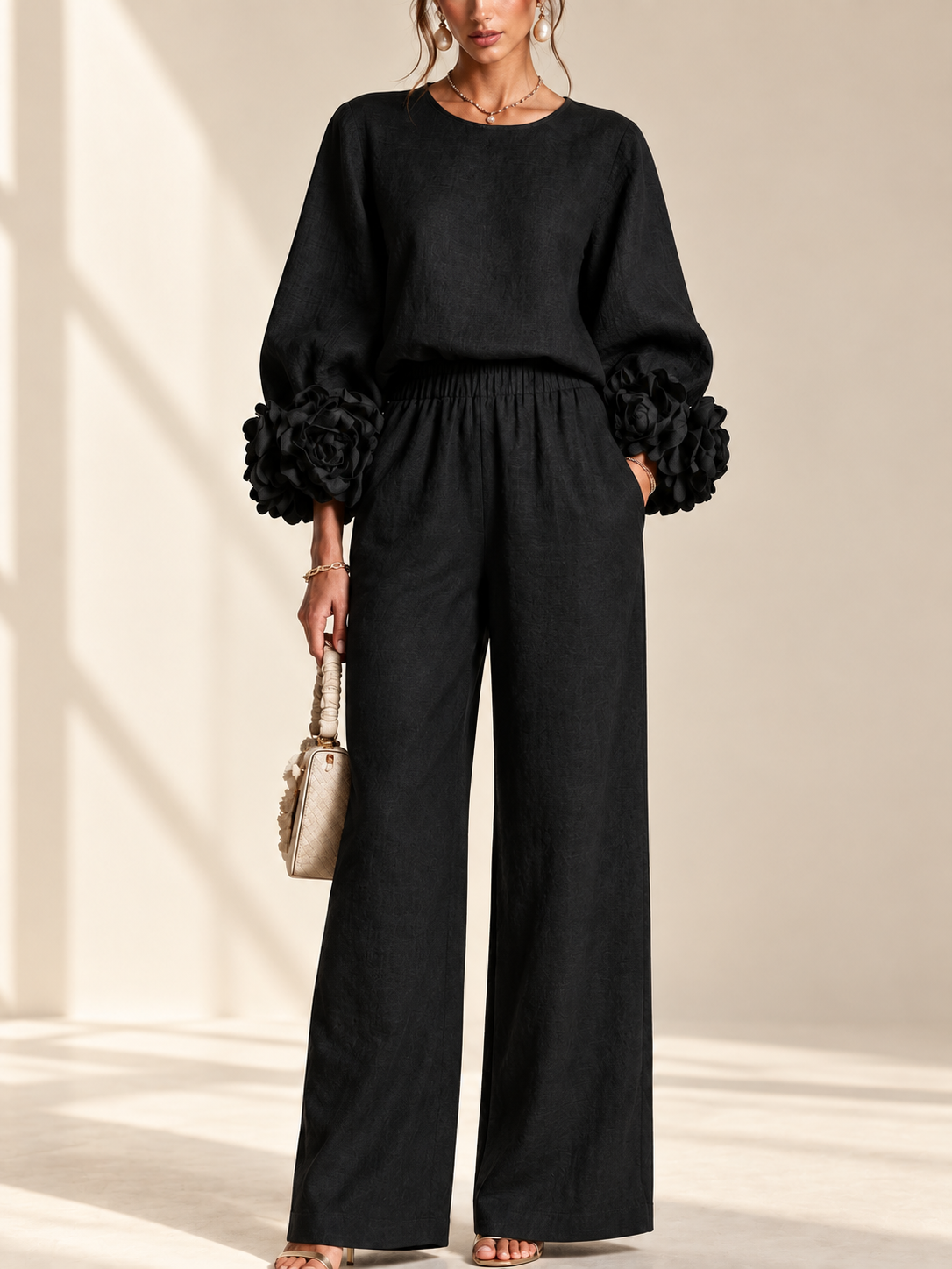 Sienna 3D flower cuff linen-blend two-piece set in black