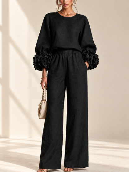 Sienna 3D flower cuff linen-blend two-piece set in black
