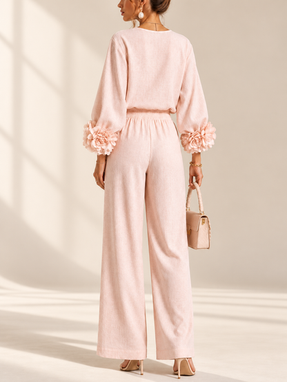 Sienna 3D flower cuff two-piece set in blush pink, back view