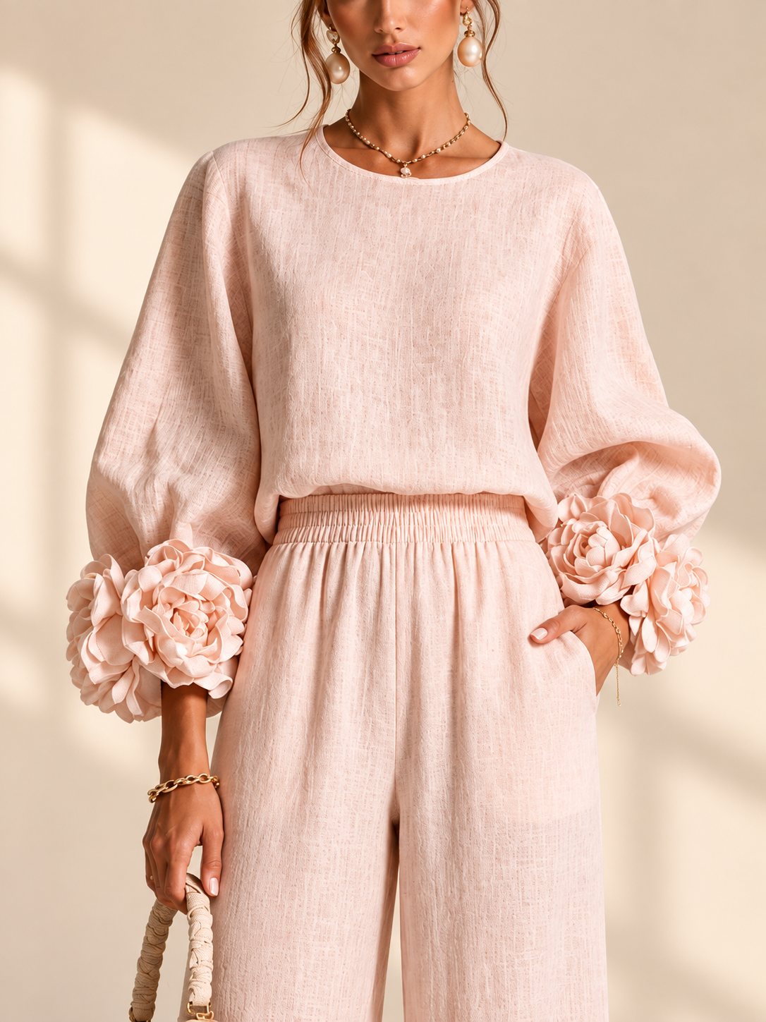 Sienna 3D flower cuff two-piece set in blush pink, 3D flower cuff and waistband detail