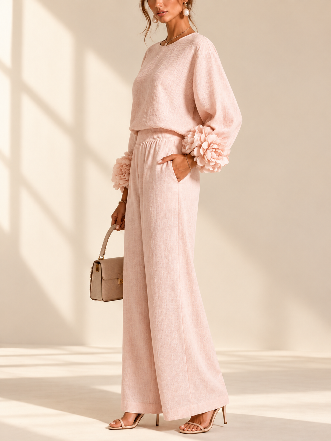 Sienna 3D flower cuff two-piece set in blush pink, side view