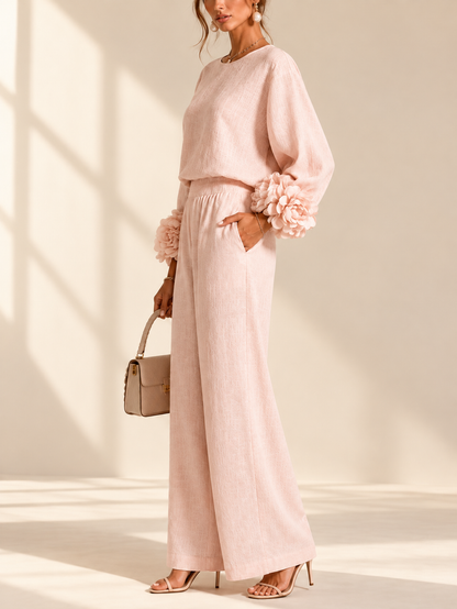 Sienna 3D flower cuff two-piece set in blush pink, side view