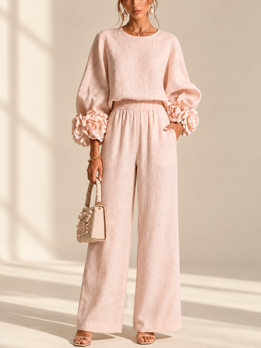 Sienna 3D flower cuff linen-blend two-piece set in blush pink