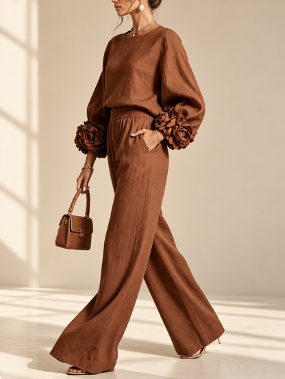 Sienna 3D flower cuff linen-blend two-piece set in brown