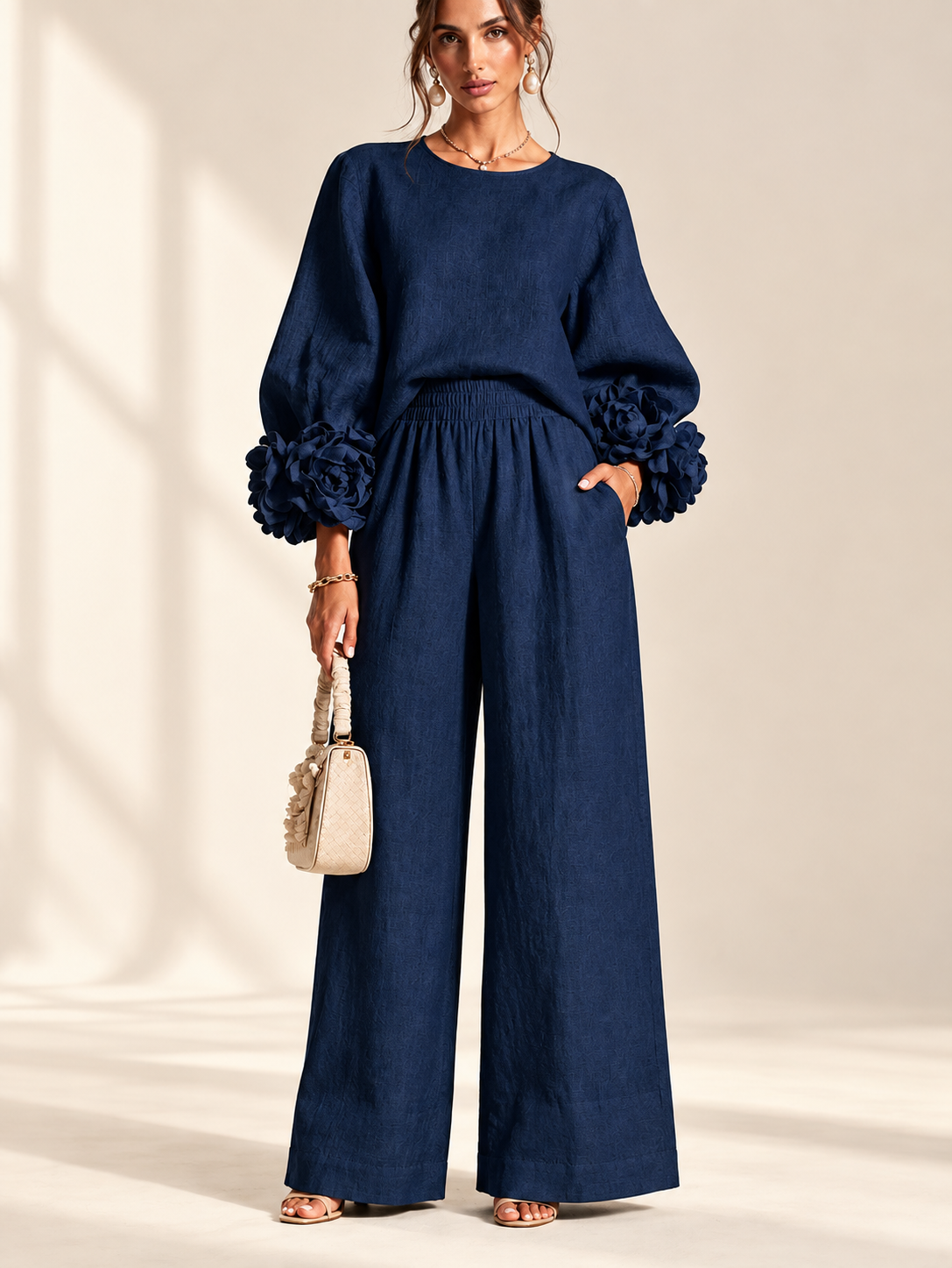Sienna 3D flower cuff linen-blend two-piece set in dark blue