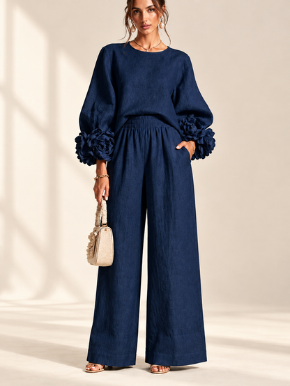 Sienna 3D flower cuff linen-blend two-piece set in dark blue