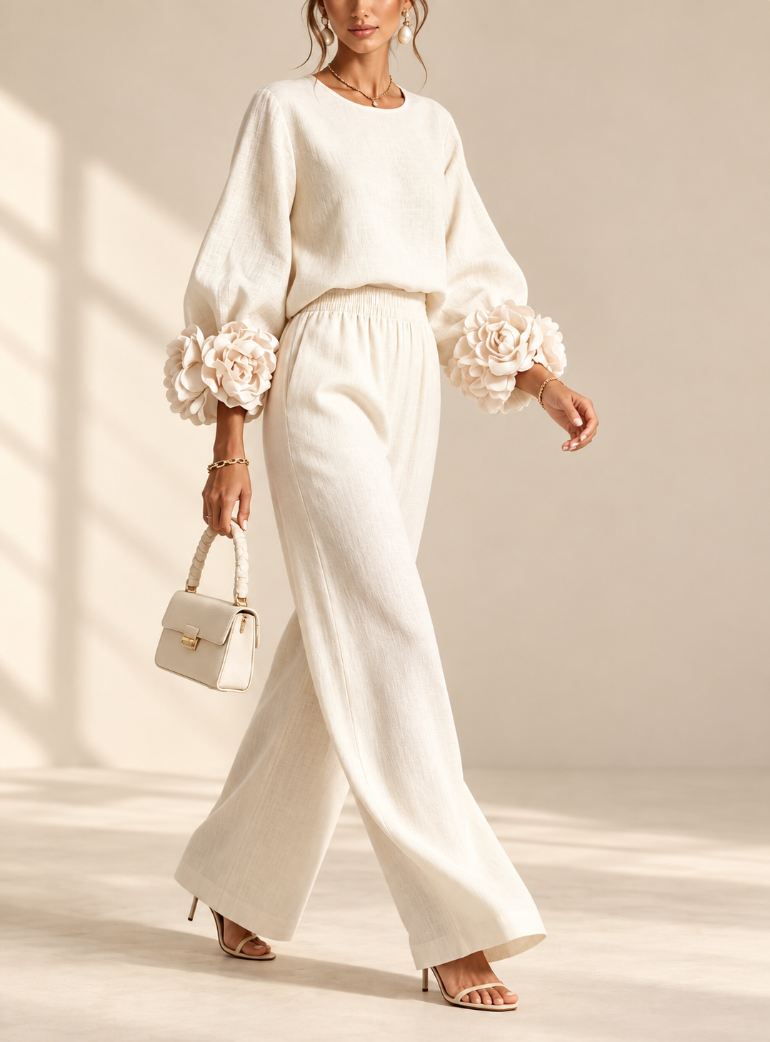 Sienna 3D flower cuff linen-blend two-piece set in white