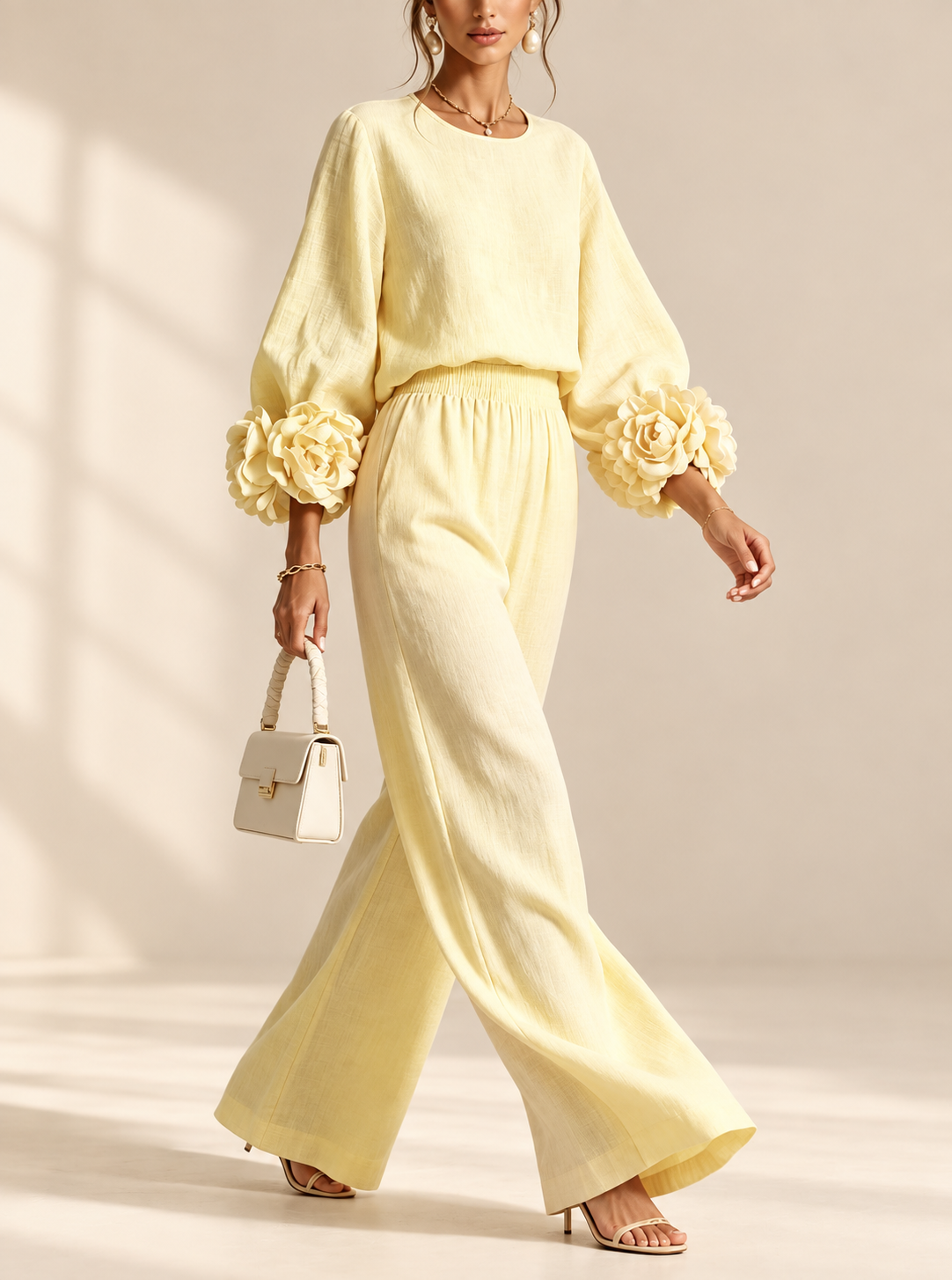 Sienna 3D flower cuff linen-blend two-piece set in yellow