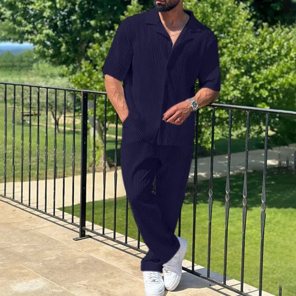 Men's Pleated Short Sleeve Set – Thomas - Navy Blue