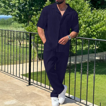 Men's Pleated Short Sleeve Set – Thomas - Navy Blue