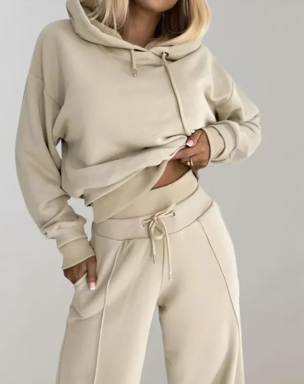 Grace Wide Leg Pants Two Piece Set in beige, hoodie and drawstring pants front view