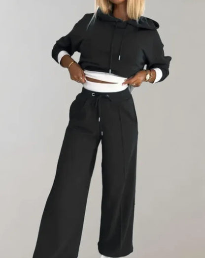 Grace Wide Leg Pants Two Piece Set in black, hoodie and wide leg pants front view