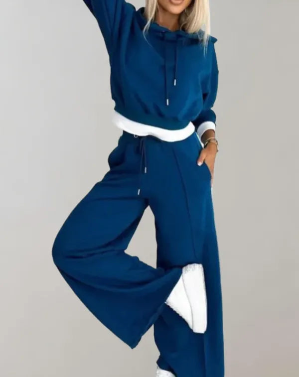 Grace Wide Leg Pants Two Piece Set in navy blue, hoodie and wide leg pants